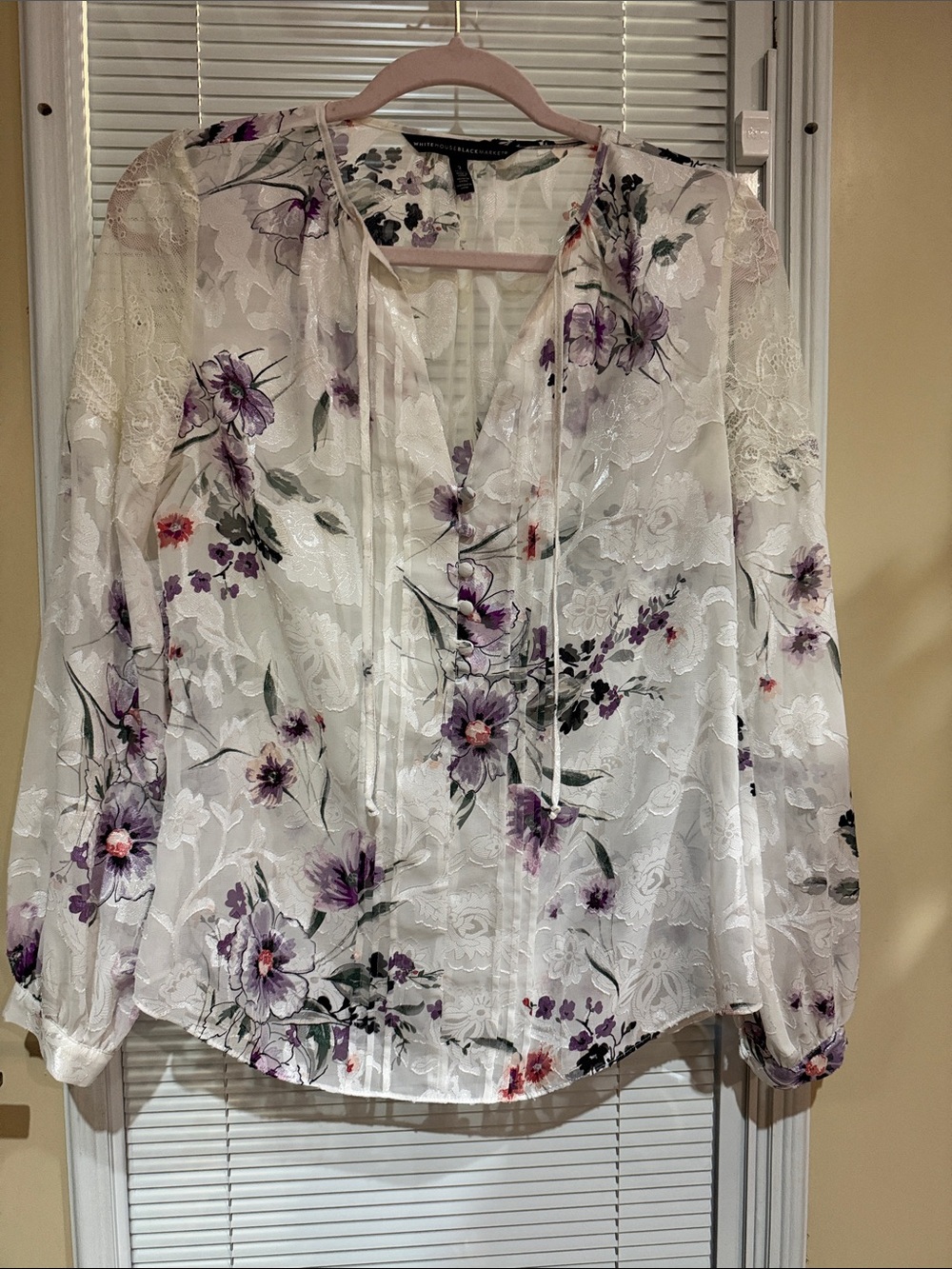White House Black Market White Sheer Blouse with Purple Floral Print